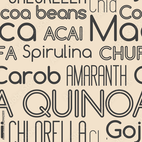 Seamless typography pattern. Superfood printed outlined and bold.