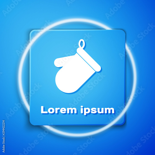 White Oven glove icon isolated on blue background. Kitchen potholder sign. Cooking glove. Blue square button. Vector Illustration