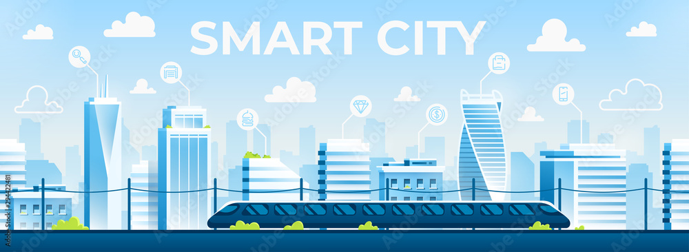 Obraz premium Seamless city landscape. Cityscape with buildings. Urban silhouette. Beautiful background template. Modern smart city with layers. Cartoon design. Flat style vector illustration.