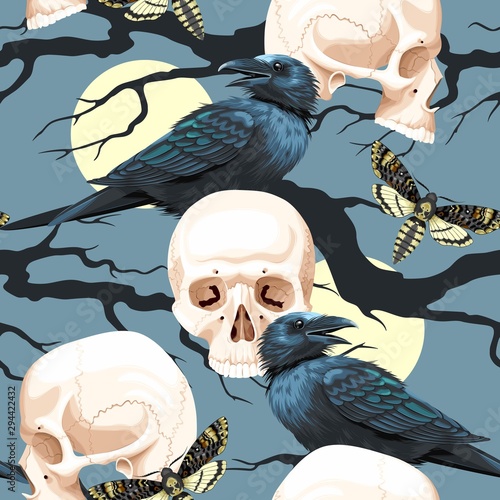 Seamless pattern with raven and human skull