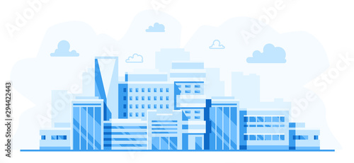 City landscape. Cityscape with buildings. Simple blue background. Urban silhouette. Line art. Beautiful template. Modern city with layers. Flat style vector illustration.