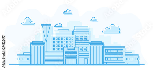 City landscape. Cityscape with buildings. Simple blue background. Urban silhouette. Line art. Beautiful template. Modern city with layers. Flat style vector illustration.