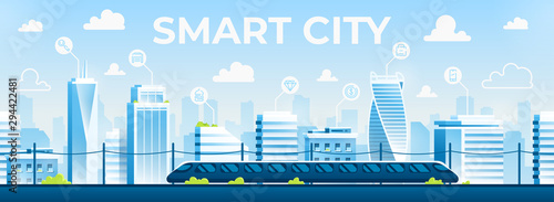 Seamless city landscape. Cityscape with buildings. Urban silhouette. Beautiful background template. Modern smart city with layers. Cartoon design. Flat style vector illustration.