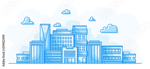 City landscape. Cityscape with buildings. Simple blue background. Urban silhouette. Line art. Beautiful template. Modern city with layers. Flat style vector illustration.