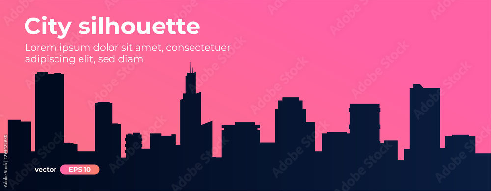 Seamless silhouette of the city. Cityscape with buildings. Simple pink background. Urban landscape. Beautiful template. Modern city with layers. Flat style vector illustration.