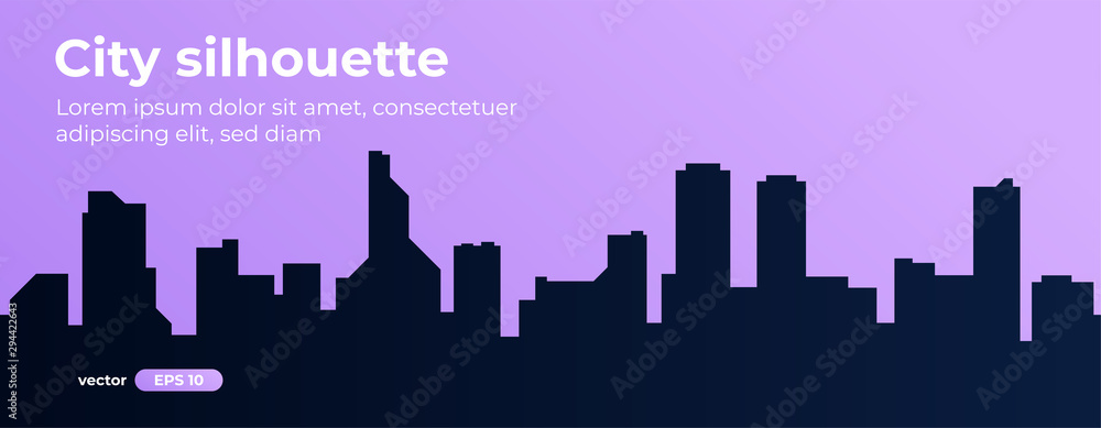 Seamless silhouette of the city. Cityscape with buildings. Simple purple background. Urban landscape. Beautiful template. Modern city with layers. Flat style vector illustration.