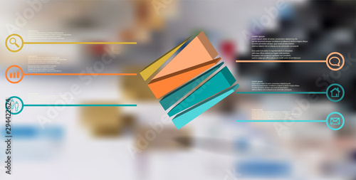 3D illustration infographic template with embossed cube randomly divided to six parts askew arranged