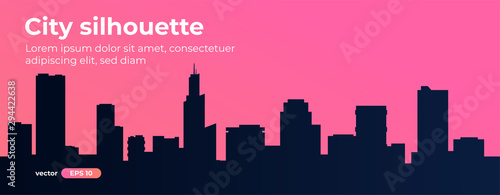 Seamless silhouette of the city. Cityscape with buildings. Simple pink background. Urban landscape. Beautiful template. Modern city with layers. Flat style vector illustration.