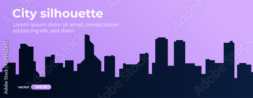 Seamless silhouette of the city. Cityscape with buildings. Simple purple background. Urban landscape. Beautiful template. Modern city with layers. Flat style vector illustration.