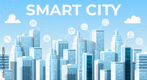 Seamless city landscape. Cityscape with buildings. Urban silhouette. Beautiful background template. Modern smart city with layers. Cartoon design. Flat style vector illustration.
