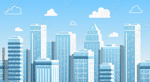 Seamless city landscape. Cityscape with buildings. Urban silhouette. Beautiful background template. Modern smart city with layers. Cartoon design. Flat style vector illustration.