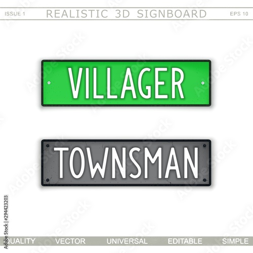 Villager. Townsman. Realistic 3D signboard. Vector design