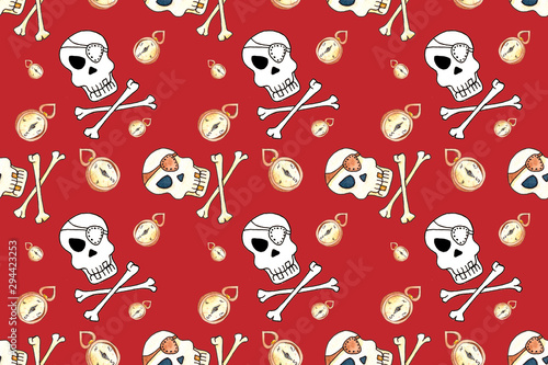 Jolly Roger with eyepatch logo template. Evil skull watercolor illustration. Seamless pattern on red background