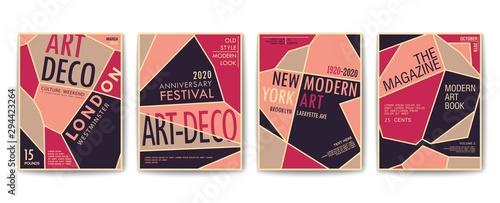 Set of posters designs in Constructivism style with header. Art deco abstract geometric templates. Vector billboard