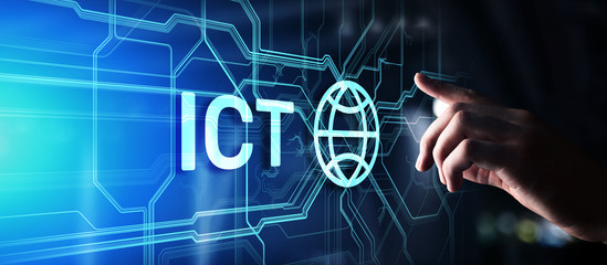 ICT - Information and communication technology concept on virtual screen.