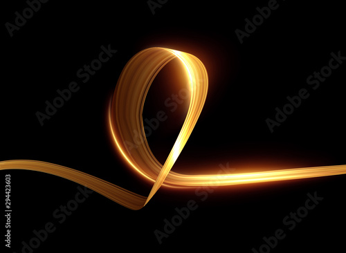 Golden ribbon with light trail effect and energy lines vector background.