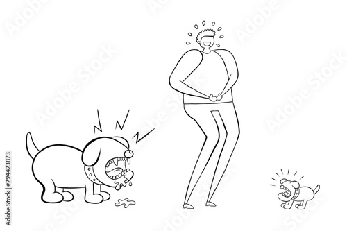 Man laughing small dog but he doesn't see the big dog behind him. You'il be crying in fear. Vector illustration.
