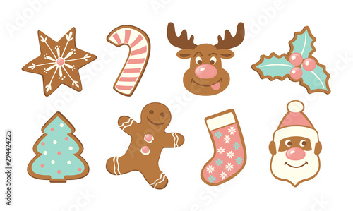 Set of cute gingerbread cookies for christmas. Isolated on white background. Vector illustration.