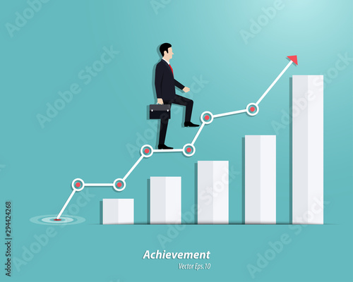 Businessman walking up to the steps or success chart