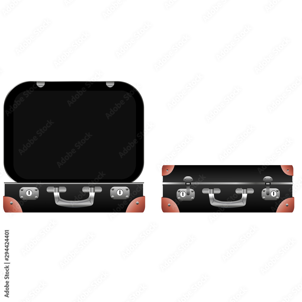 Obraz premium Side view of a suitcase, inside retro vintage suitcases bags pile for travel. Vector illustration. Isolated on white background. Retro cases. Vintage boxes.