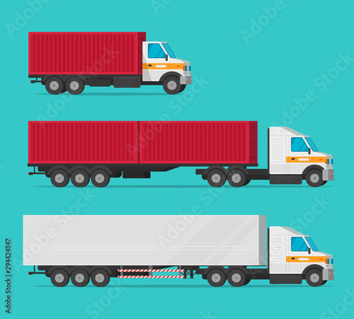 Lorry or cargo truck and delivery automobiles or vehicle with container boxes vector set, flat cartoon freight industry transport, large courier cars and big wagon vans for shipping isolated clipart