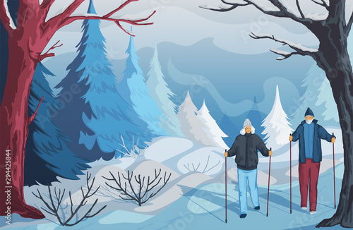 Winter landscape with snowy hills, bushes, trees and firs. Senior couple hiking and nordic walking in park. Vector illustration