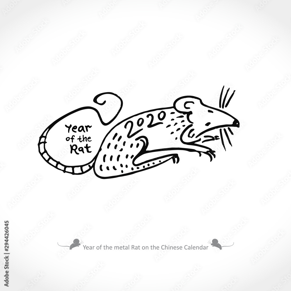 Year of the Rat 2020 on the Chinese Calendar. Line art Rat and the inscription. Vector Illustration. Year of the Rat 2020 on the Chinese Calendar. Line art Rat and the inscription. Vector Illustration.