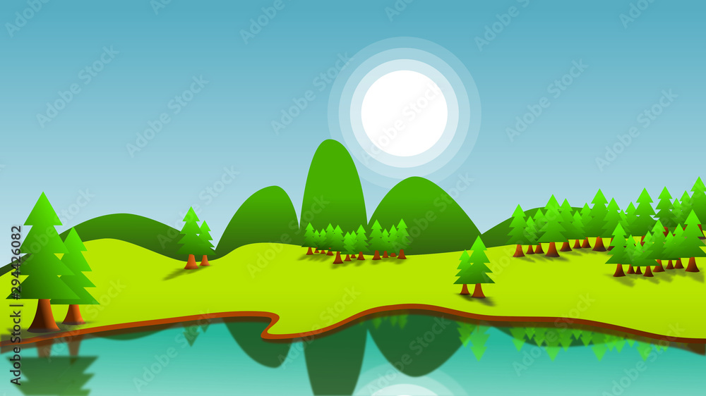 landscape with lake, hill, sun, and trees