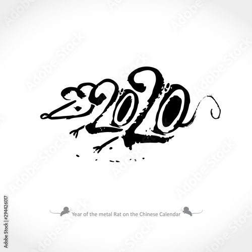 Rat 2020. Handwritten careless brush draw template with the inscription 2020 and Rat. Imitation of painting with brush and black ink. New Year on the Chinese calendar.
