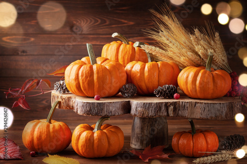Autumn Thanksgiving still life. Pumpkins and leaves on wooden background.