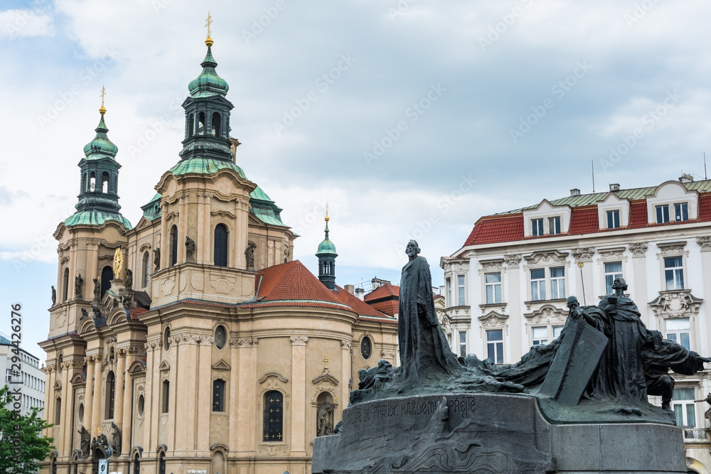  Baroque Church Of St Nicholas Of Old Town and Jan  Hus Memorial at the Prague old town square,  the central square of the historic part of Prague