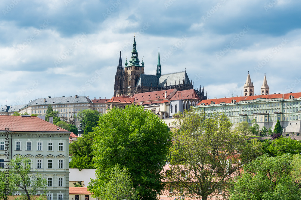  The rooftop of Prague Castle, and red rooftops of  Lesser town or Mala Strana, one of the most historic sections of Prague, Czech.