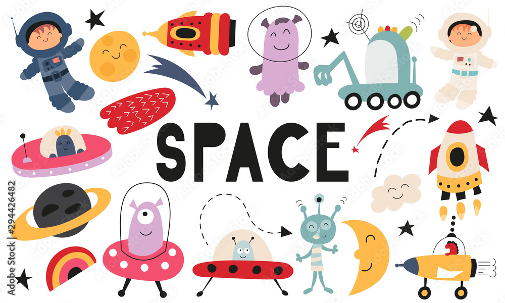 Cute space set. Hand drawn. Doodle cartoon cosmos characters for nursery posters, cards, kids t-shirts. Vector illustration. Spaceman, aliens, rockets, planets, UFO. Isolated on white background. Cute space set. Hand drawn. Doodle cartoon cosmos characters for nursery posters, cards, kids t-shirts. Vector illustration. Spaceman, aliens, rockets, planets, UFO. Isolated on white background.