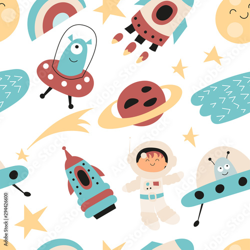 Seamless pattern with cute space characters - spaceman, alien, rocket in Scandinavian style. Vector Illustration. Kids poster for nursery design. Great for baby clothes, greeting card, wrapping paper.