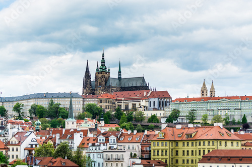  The rooftop of Prague Castle, and red rooftops of Lesser town or Mala Strana, one of the most historic sections of Prague, Czech.