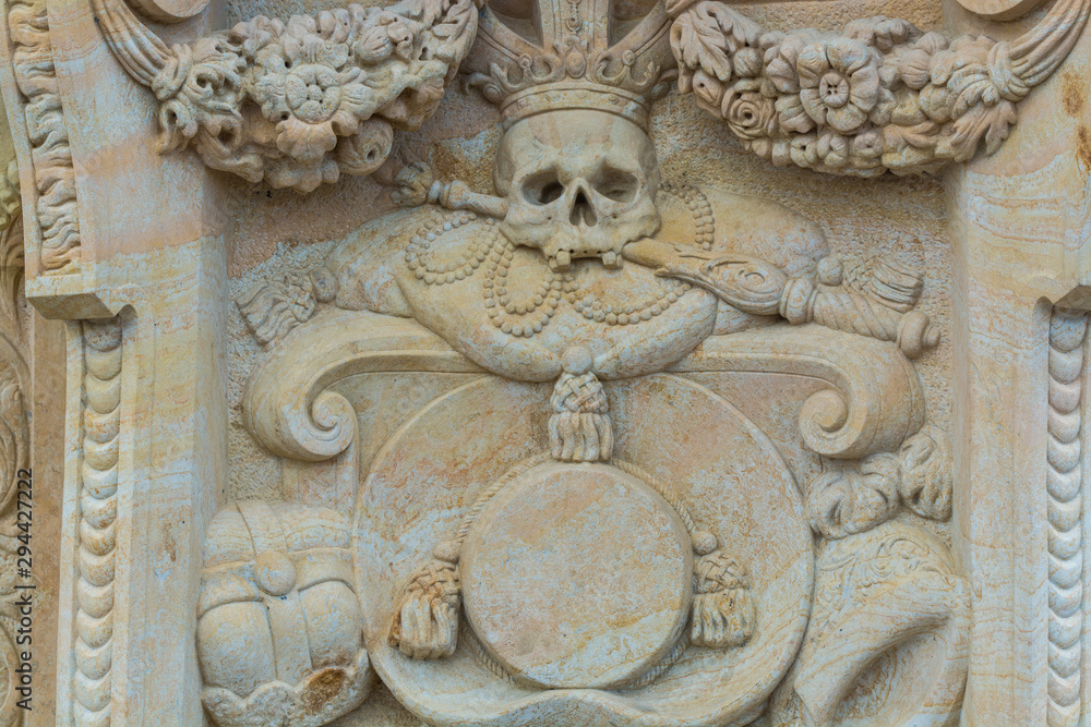 A skull sculpture, part of Statue of St Francis Borgia  on Charles Bridge, Prague, Czech.