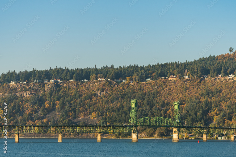 Sunset view of the Hood River Bridge over the Columbia River, near Hood River, Oregon