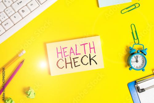 Handwriting text Health Check. Conceptual photo thorough physical examination A medical checkup of oneself Flat lay above copy space on the white crumpled paper