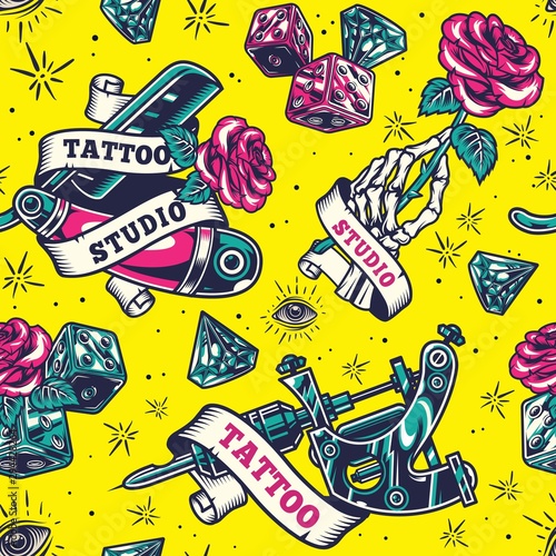 Vintage tattoo studio colorful seamless pattern