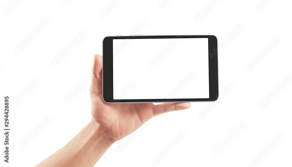 Hands holding a tablet touch computer gadget with isolated