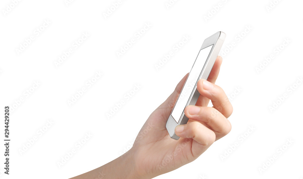 Fototapeta premium Man hand holding smartphone device touching screen