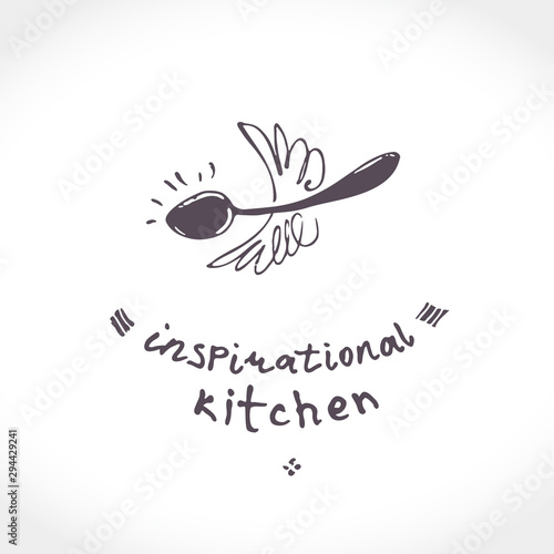 Inspirational kitchen. Illustration as a child's drawing a funny winged spoon. Funny picture drawn by pencils. Logo for cooking, cafe, street food, cooking courses and more.