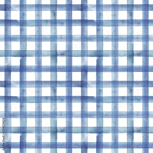 Watercolor stripe plaid seamless pattern. Blue color stripes background
