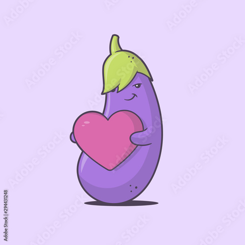 Funny eggplant / aubergine cartoon character holding heart vector illustration