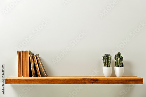 Vászonkép Wooden kitchen shelf of free space for your decoration and gray wall space