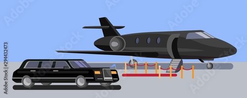 limousine car and private jet in airport with red carpet flat design vector