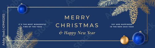 Merry Christmas Abstract Vector Frame Greeting Banner or Holiday Card Background. Banner Size. Classy Colors with Gold Gradient and Typography. Realistic Balls and Sketch Fir-needles Strobile.