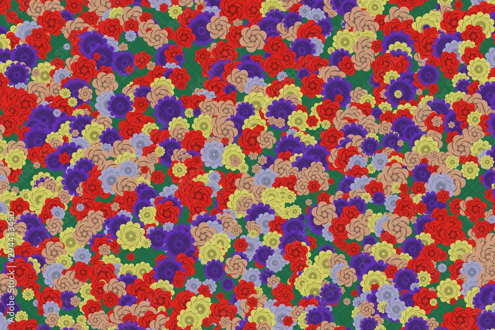 Traditional Japanese origami paper texture. Colorful flowers pattern. Roses and chrysanthemums background illustration