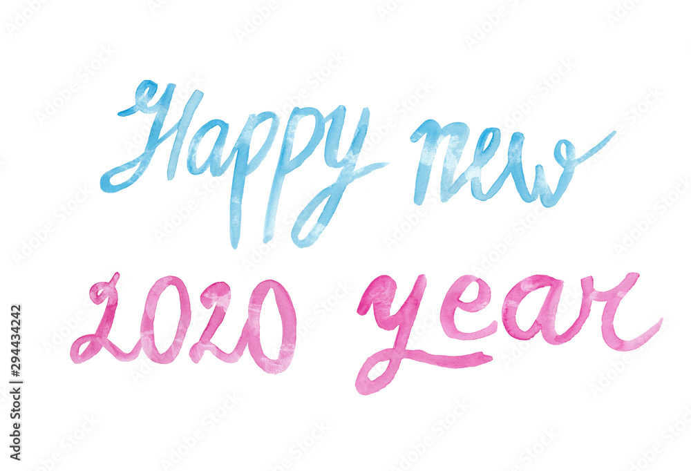 Happy New Year 2020 - blue and pink watercolor painting isolated on white background