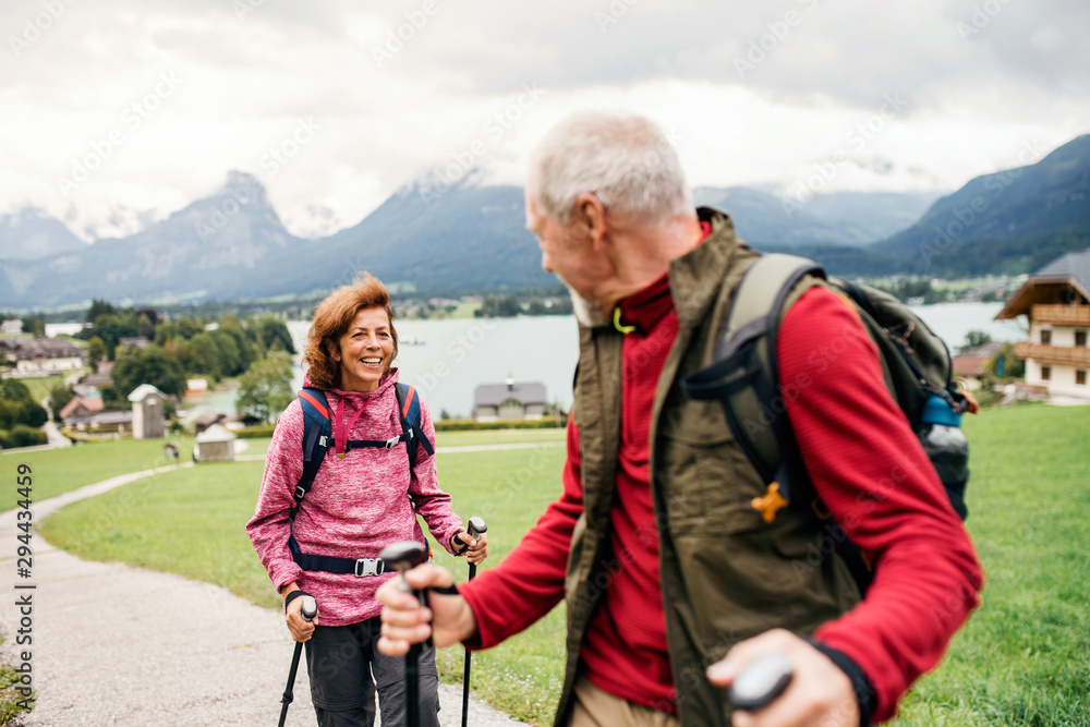 Senior pensioner couple with nordic walking poles hiking in nature, talking. Senior pensioner couple with nordic walking poles hiking in nature, talking.